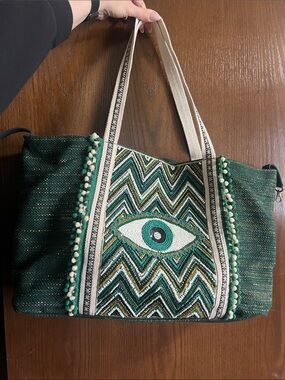 Green Bead Embellished Evil Eye Tote Bag